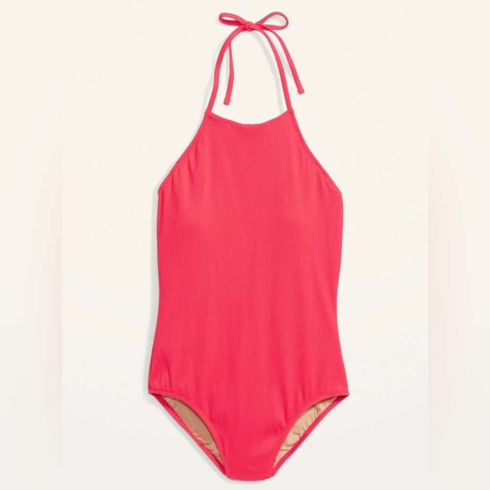Old Navy One Piece Swimsuit Plus Size 20 XXL Coral Pink Rib Knit Halter Neck